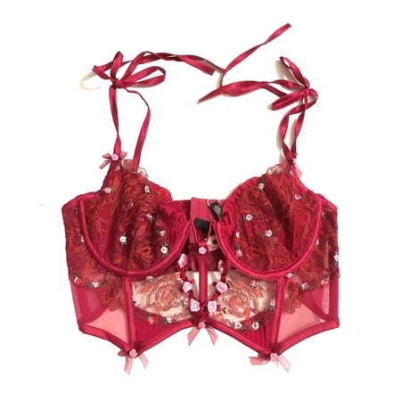 VS For Love and Lemons Embroidered with Tiny Rosettes Bustier Corset Dark Red Large NWT