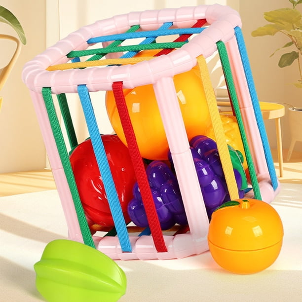 Juguete clasificador de formas de arcoíris para bebés | Actividad de motricidad fina con cuerdas elásticas de colores | Juego de aprendizaje sensorial | Incluye 6 juguetes de frutas | Juguete