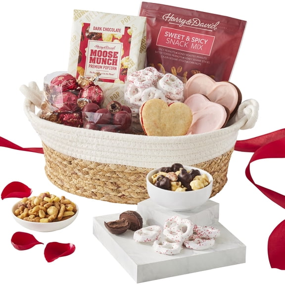 Harry & David Deluxe Valentine's Day Gift Box, Romantic Gift Basket, Cookies, Chocolate Truffles,  Pretzels, Dark Chocolate Popcorn, Savory & Sweet Treats, Reusable Basket, 1 Lb 13 Oz