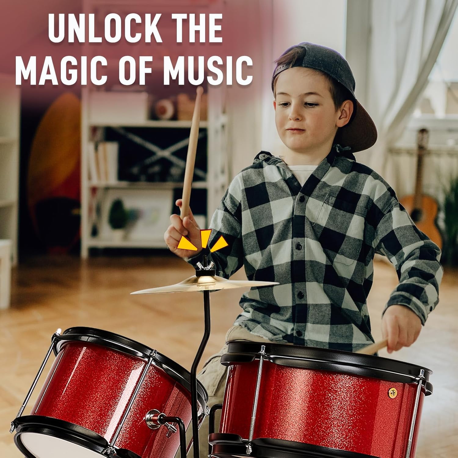 3-Piece Drum Set, 14 Inch Beginners Drums Kit with Throne Stool, Pedal & 2 Pairs of Drumsticks, Junior Drums Set Musical Instruments W/Cymbal, Tom, and Snare Drum (Red)
