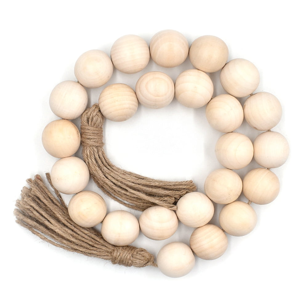 Large Wood Beads Garland with Tassels, 1.6 Diameter Decorative Beads, 52 Long Mantel Garland for Boho Farmhouse Decor, Rustic Prayer Country