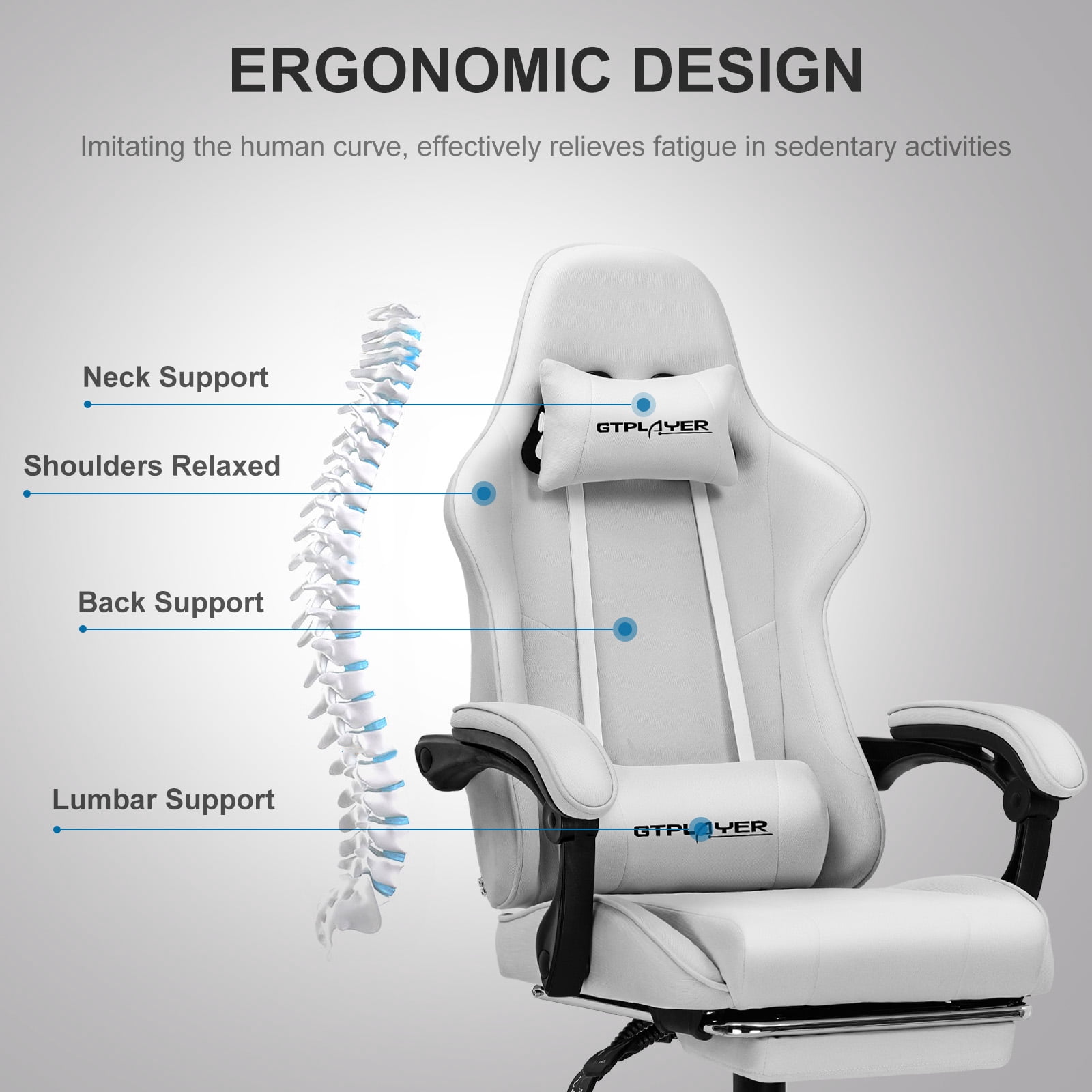 GTPLAYER Fabric Gaming Office Chair with Footrest and Ergonomic Lumbar Massage Pillow, Light Gray