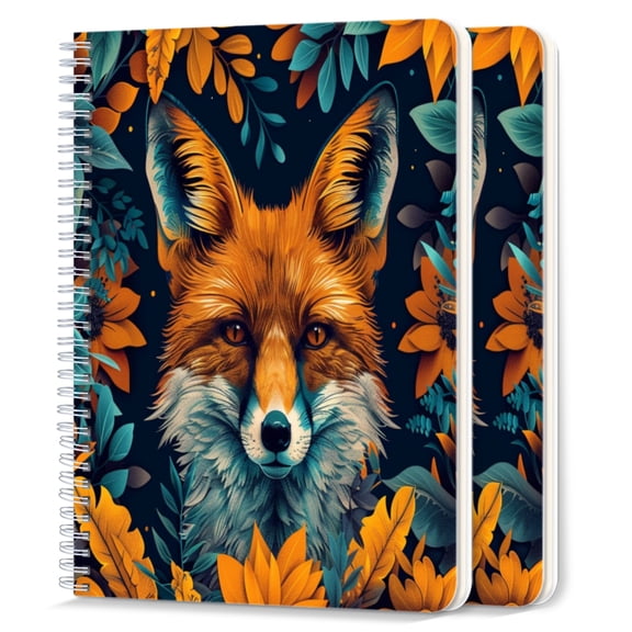 Spiral Notebook,College Ruled Journal,8.26" x 5.71" 50 Sheets/100 Pages,2 Pack - Fox Surrounded By Orange And Blue Flowers