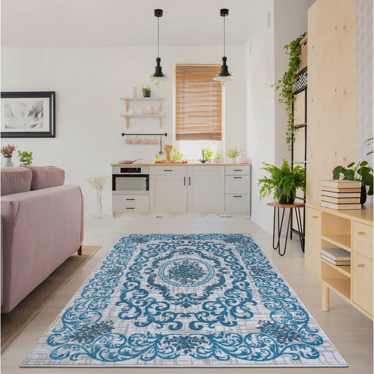 HT Design Rectangular Area Rug for Living Room,3564 Traditional Gray/Blue  7x10 Modern Rugs, Easy to clean, Pet Friendly Indoor carpet for living room