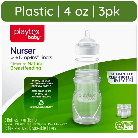 Playtex Baby Nurser Clear Anti-Colic Baby Bottle 3 Pack Each, 4 oz with 15 Drop-ins Liners