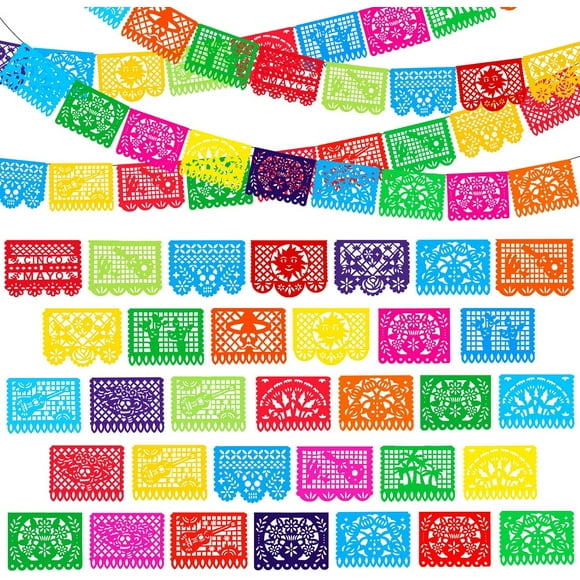 12 Pcs 180 ft Mexican Party Banners Large Papel Picado Banner 10 Patterns Plastic Fiesta Banner Decorations for Cinco De Mayo Mexican Fiesta Party Day of The Dead Dia De Los Muertos