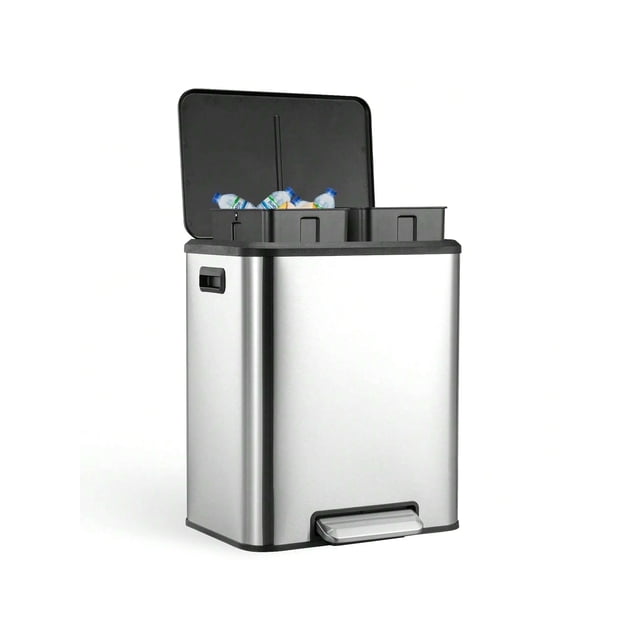 Bingirl Sleek Dual Trash Can - Stainless Steel 2x4 Gal Recycle Bin with Pedal Lid & Inner Buckets - Hands-Free Kitchen Garbage Solution
