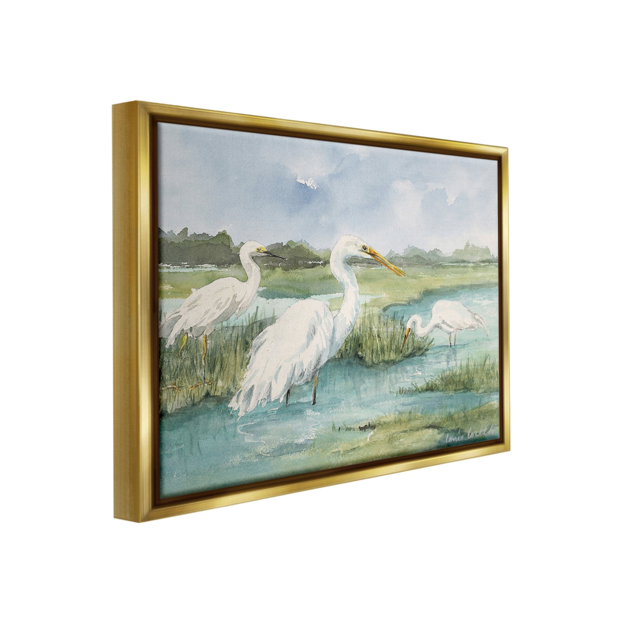 Stupell Industries Wild Egrets in Marshland Animals & Insects Painting Gold Floater Framed Canvas Art Print Wall Art, 31 x 25