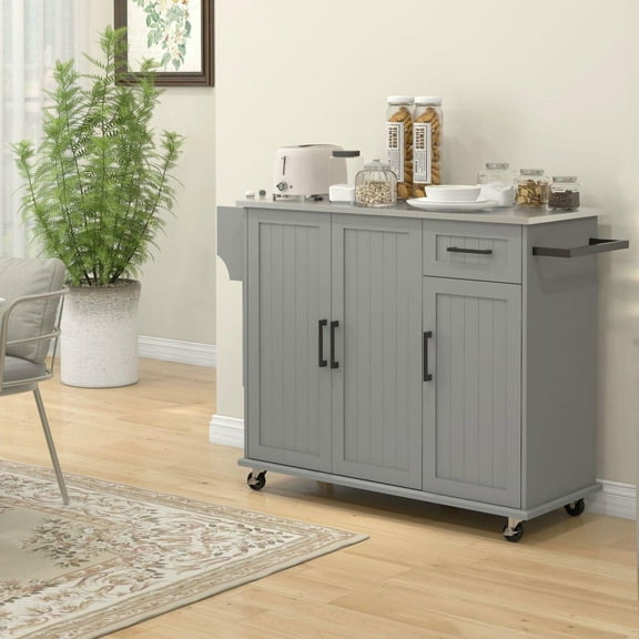 Resenkos Mobile Kitchen Island on Wheels with Stainless Steel Top, Features One Drawer and Three Storage Cabinets for a Versatile Workstation, Gray