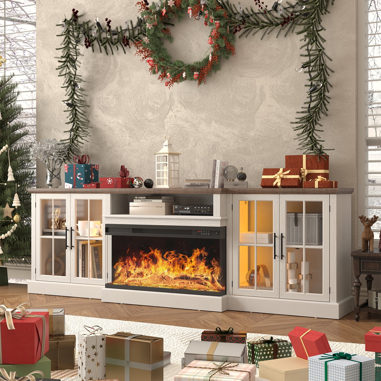 Sonegra 98" Farmhouse TV Stand with Fireplace for TVs up to 100", Media Entertainment Center with Adjustable Shelves and Large Storage Cabinets, for Living Room, White