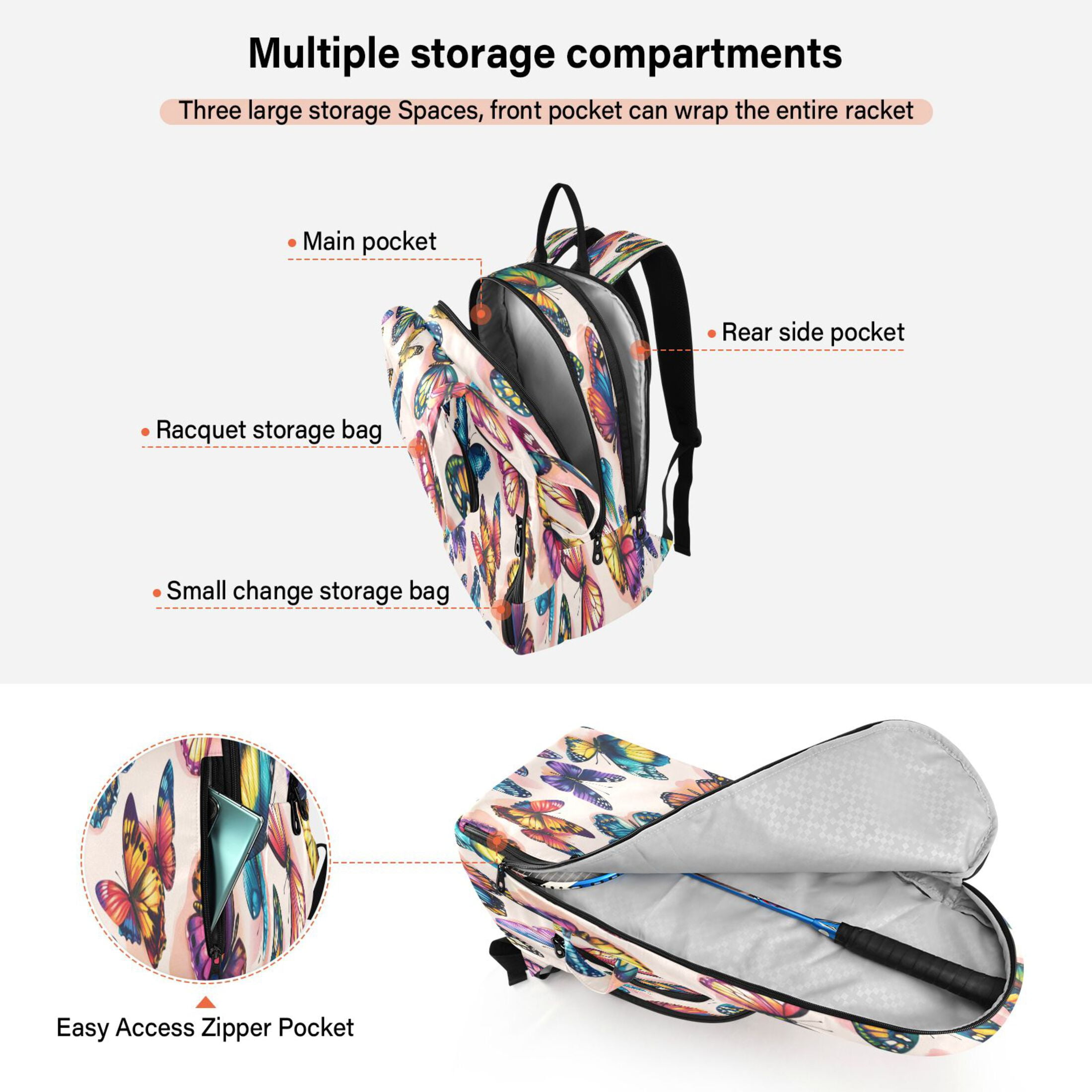 2 Racquet Holder Tennis Backpack Tennis Racket Covers Gym Bags Colorful Beautiful Butterflies