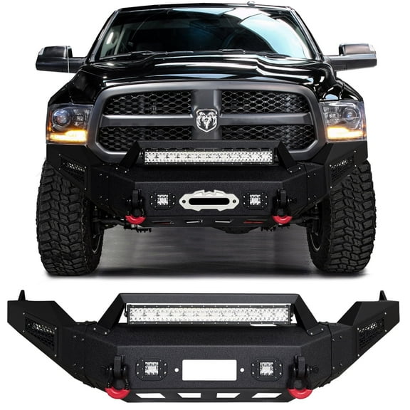 Vijay Compatible with 2019-2020-2021-2022-2023-2024 Dodge RAM 1500 Classic Front Bumper Textured Black Steel with Lights and D-rings