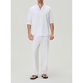 thumbnail image 3 of FOCUSNORM Men's Summer Outfits Solid Color V-Neck Half Sleeve Tops with Drawstring Long Pants Cotton Linen Set, 3 of 9