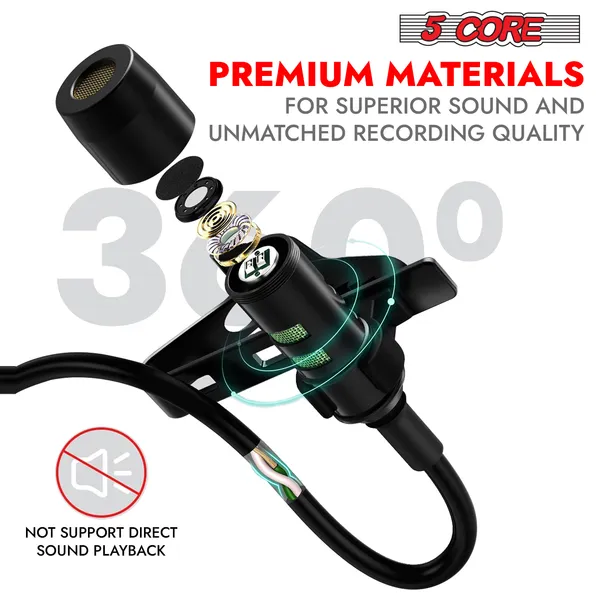 5 Core Professional Omnidirectional Lavalier Microphone 3.5mm Clip-On Lapel Mic for Smartphone DSLR Camera PC Interview Video Camcorders Audio Recorder CM Mob 2M