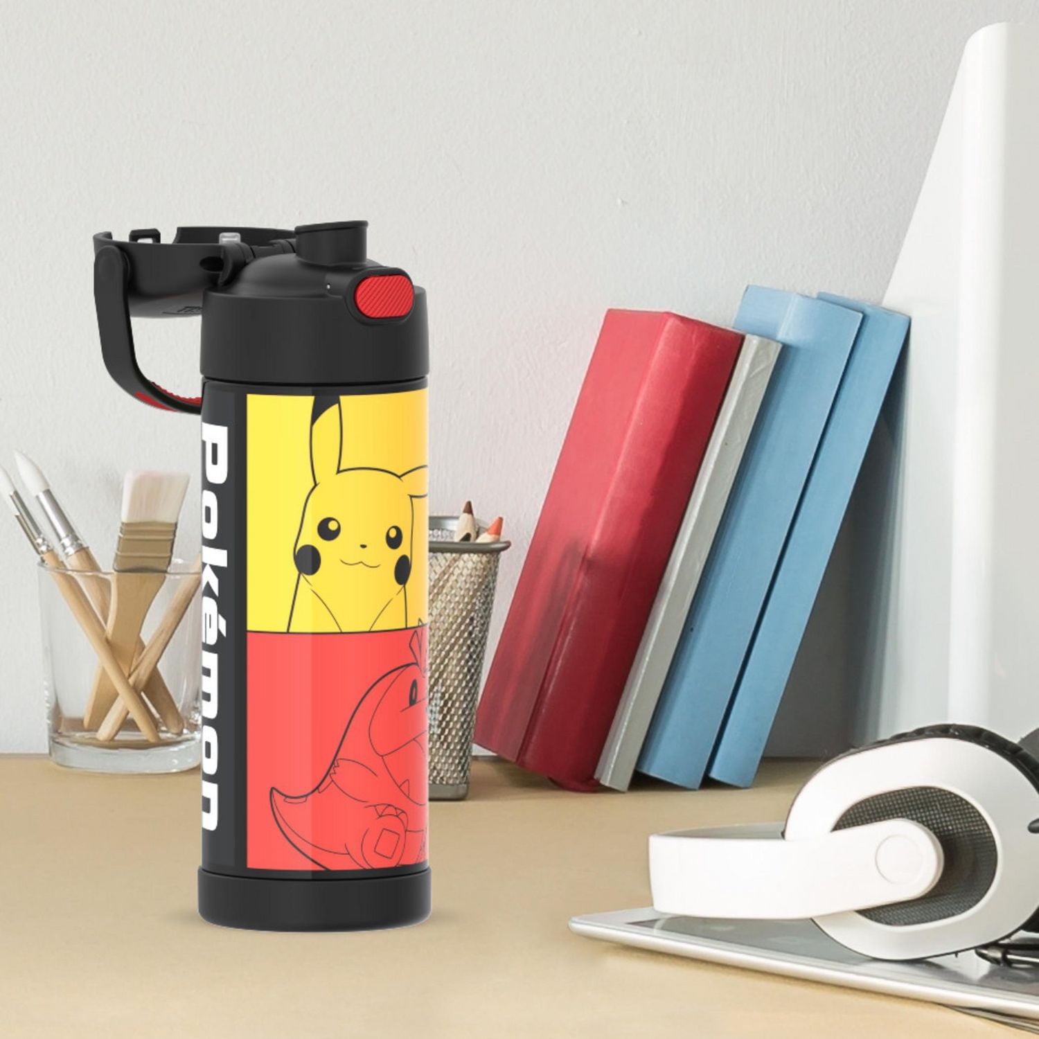 Thermos Kids Bouteille d'eau isotherme en acier inoxydable avec bec verseur et couvercle, 470 ml, Pokémon Bouteille, Noir