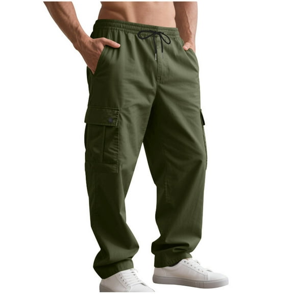 OGLCCG Mens Loose Cargo Long Pants Lightweight Drawstring Waist Wide Leg Hiking Trousers Casual Baggy Joggers Pants with Pockets,M,Army Green