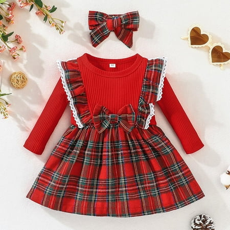 

Girls Child Ribbed Long Sleeve Lattice Prints Bow Tie Dresses Princess Dress Headband Outifits