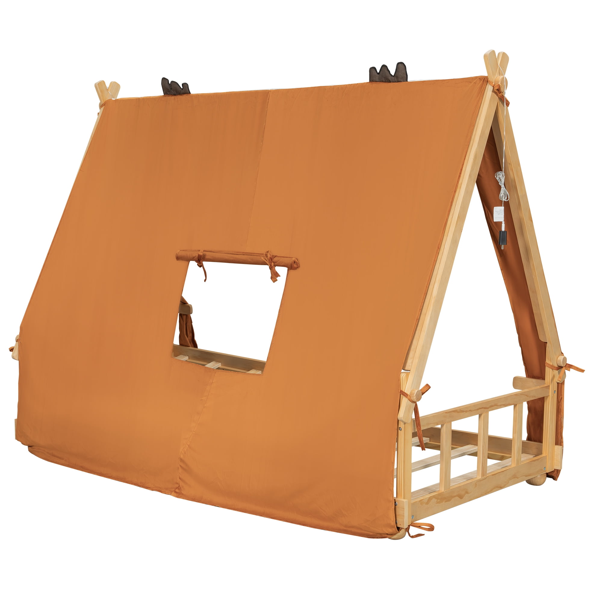 House Bed Twin Size, Wooden Floor Bed Frame with Detachable Tent and Skylight Light, MDF+LVL Construction for Kids Bedroom and Playroom, Brown