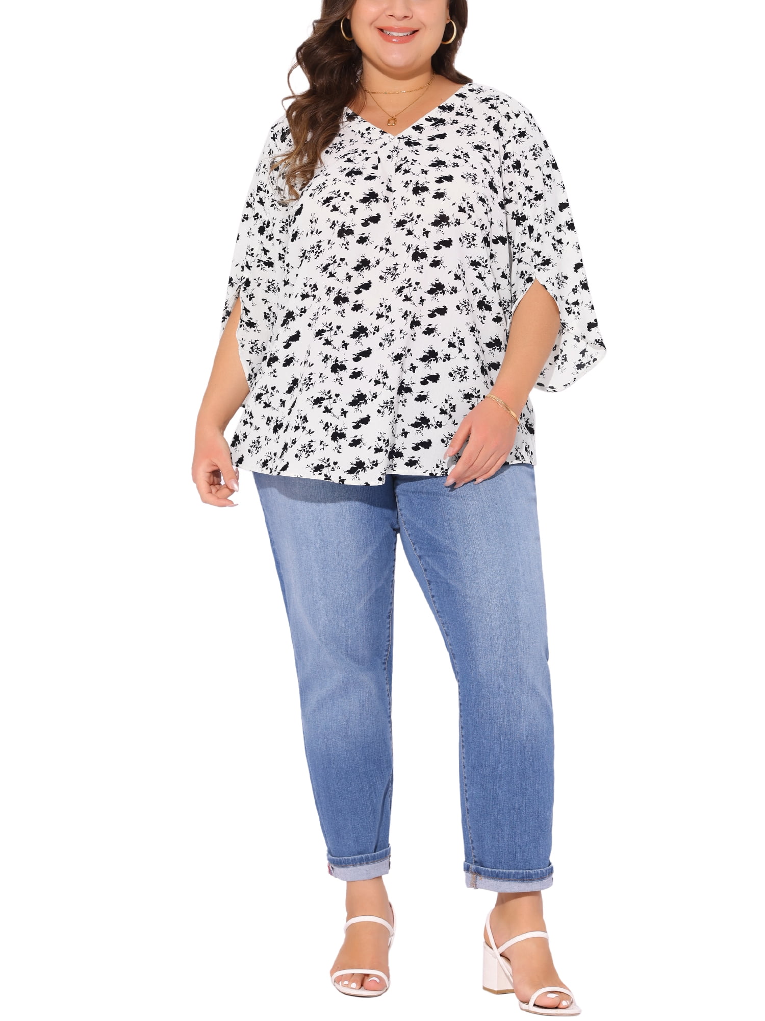 Women's Plus Spring Tops 3/4 Sleeve V Neck Chiffon Work Dressy Casual Shirt 4X White