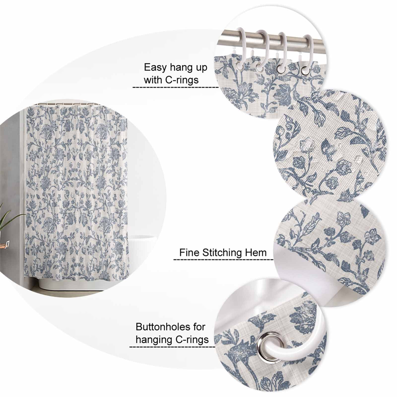 Small Stall Shower Curtain 36x72 Inch Narrow Half Size Blue Floral Bath Curtains Bathroom Decor Farmhouse Vintage Flower Leaf Botanical Waterproof Fabric Shower Curtain Set with Hooks 36 Inch