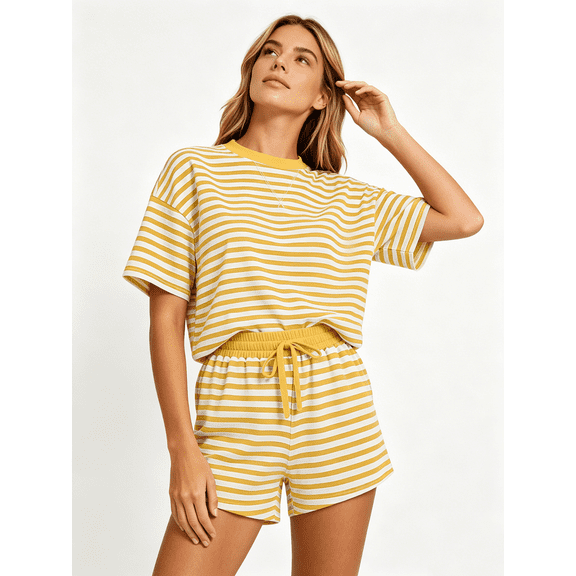 Busydd Striped Two Piece Sets for Women Fashion Casual Vacation Lounge Sets Crew Neck Short Sleeve Tops and Drawstring Shorts Matching Sets 2XL