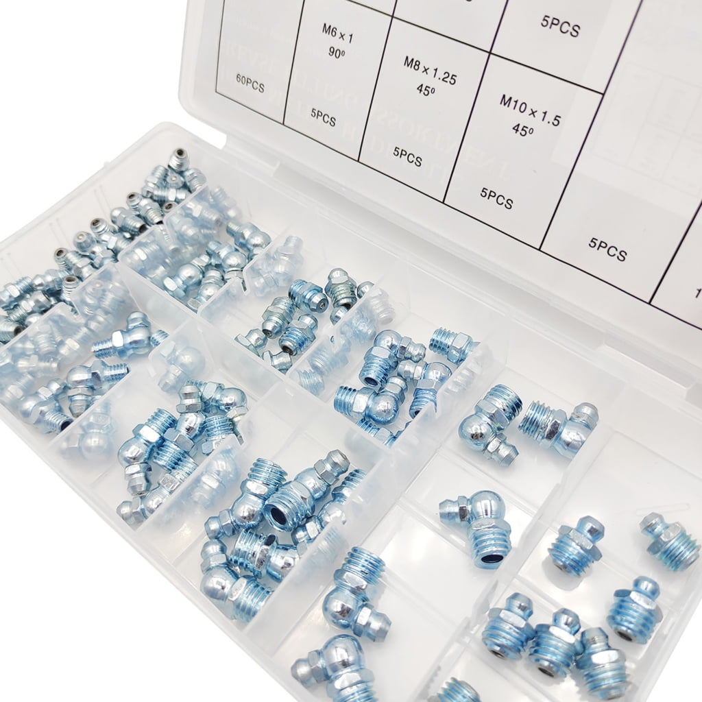 110Pcs Grease Fittings Metric Grease Fitting Assortment Kit Standard Grease Fittings Grease Zerks Straight and Angled