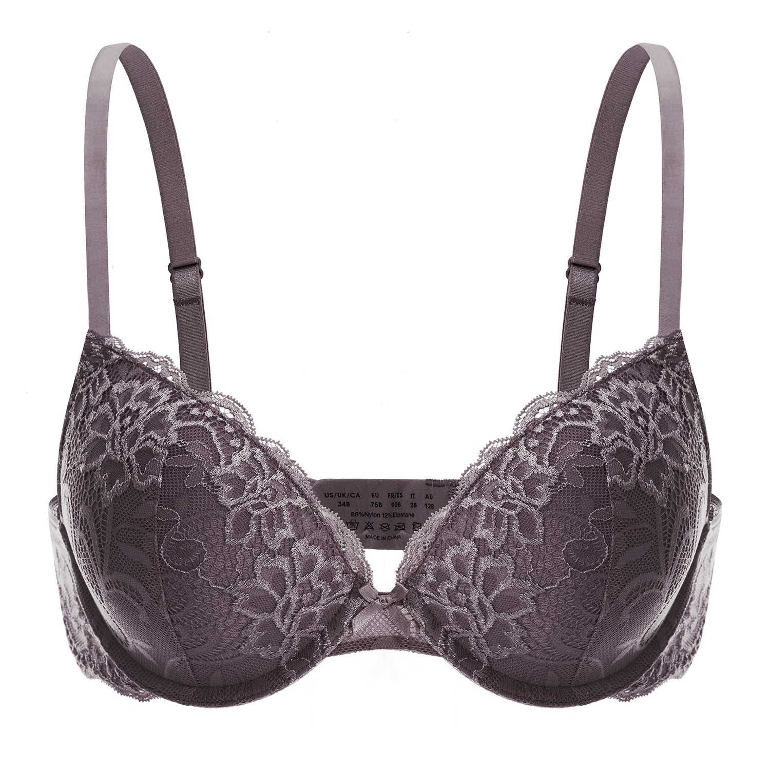 Deyllo Women's Lace Push Up Padded Plunge Add Cups Underwire Lift Up Bra, Purple 32DDD