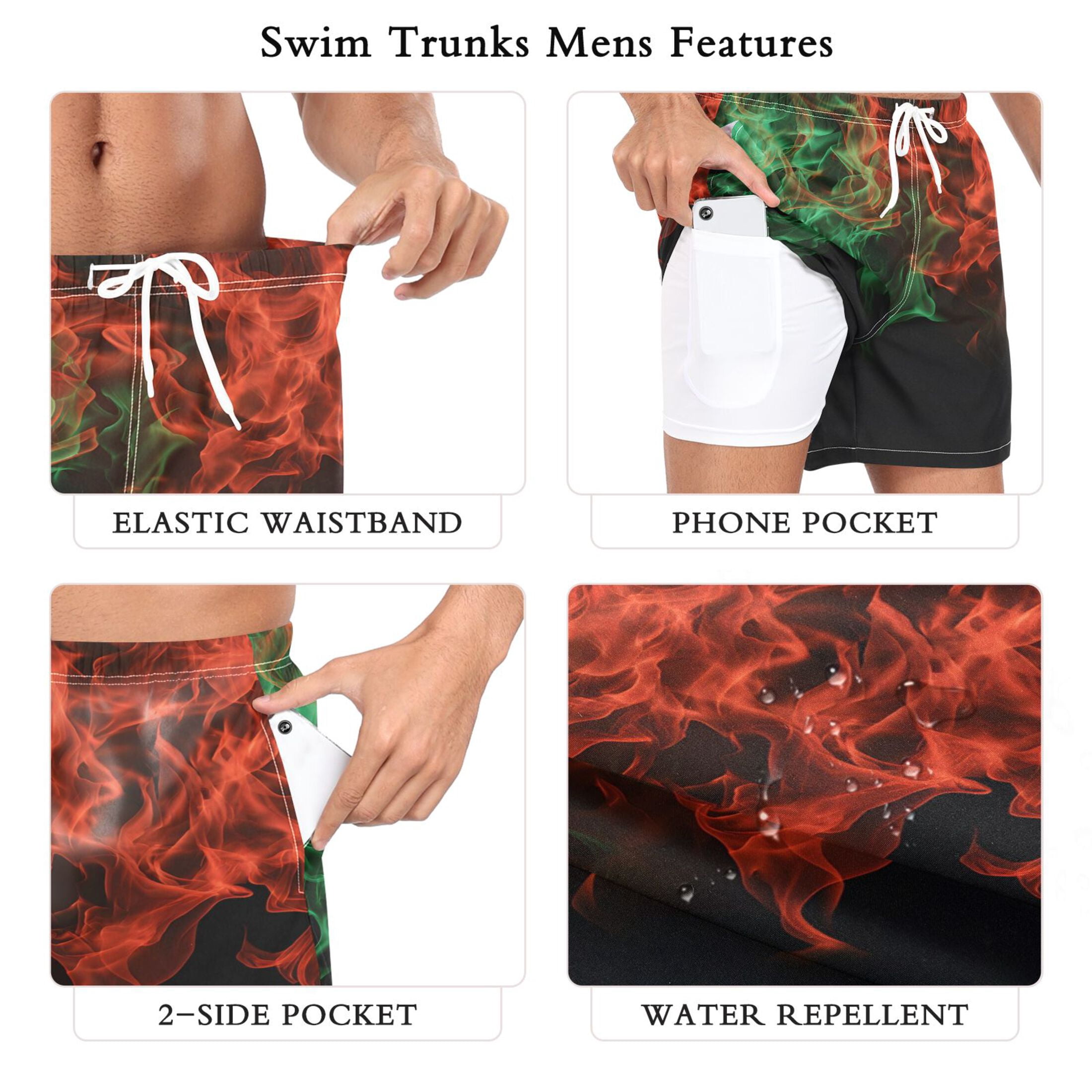 joogoo Men's Red Green Flames Swim Trunks with Liner Pocket Beach Shorts Large
