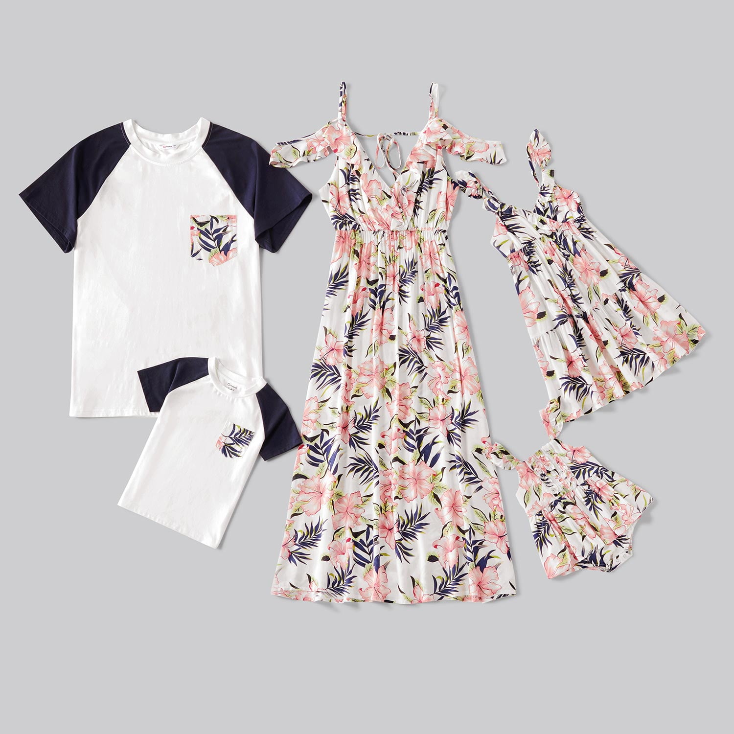 Family Matching Floral Print Short-sleeve Ruched Drawstring Bodycon Dresses and Raglan-sleeve T-shirts Sets