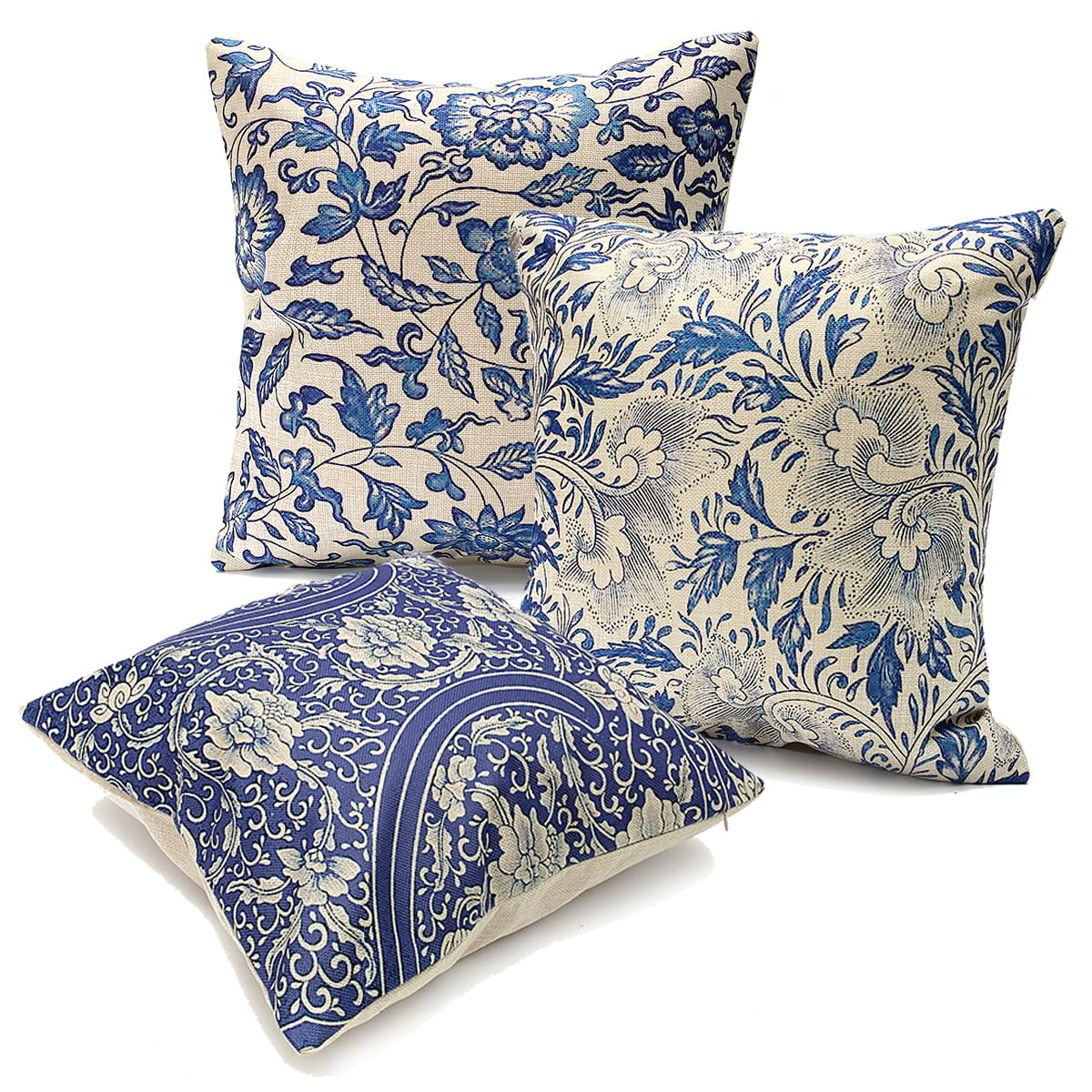 Vintage Oriental Blue Floral Linen Pillow Case Decorative Cushion Cover 18"x18" 
