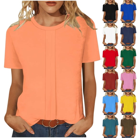 HomeDM Short Sleeve Shirts for Women Solid Color Crew Neck Casual Summer Loose Fit Tops, Orange