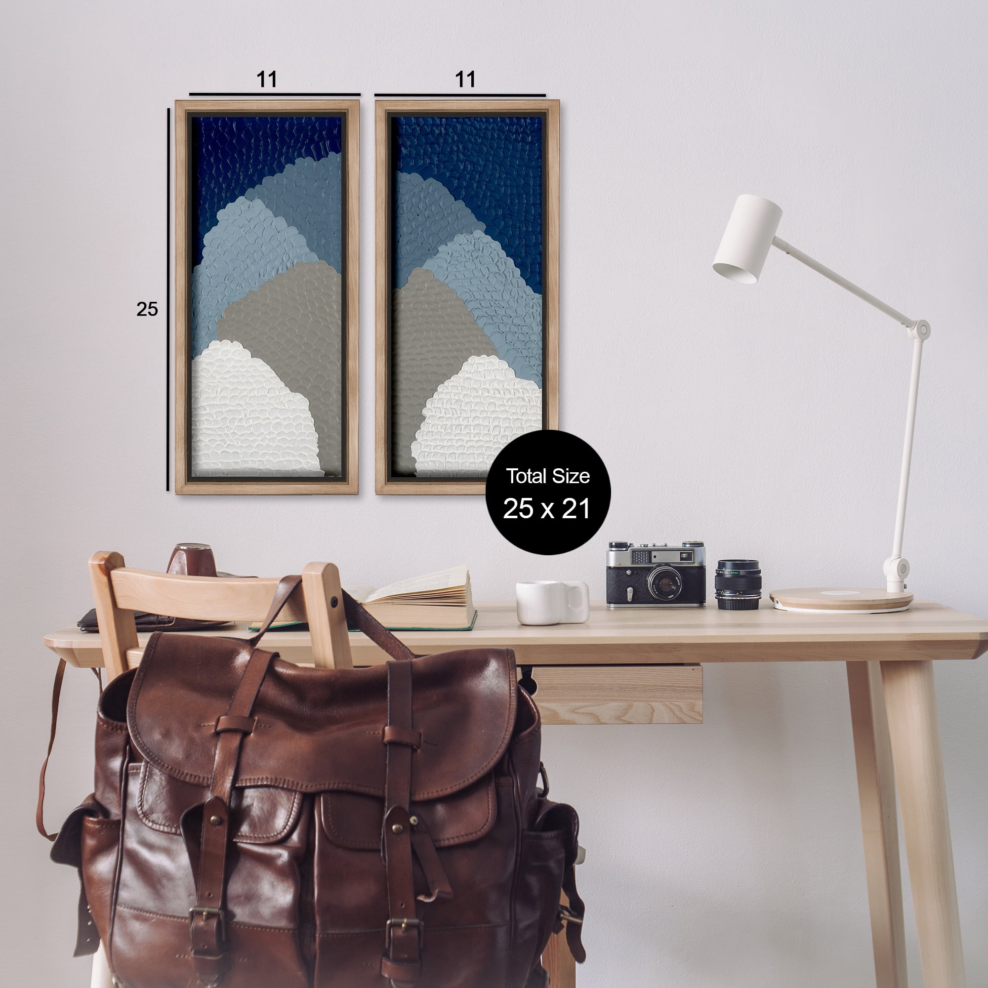 Stupell Industries Textured Blue Abstract Mountains Abstract Painting Brown Floater Framed Canvas Art Print Wall Art, 11 x 25, Set of 2