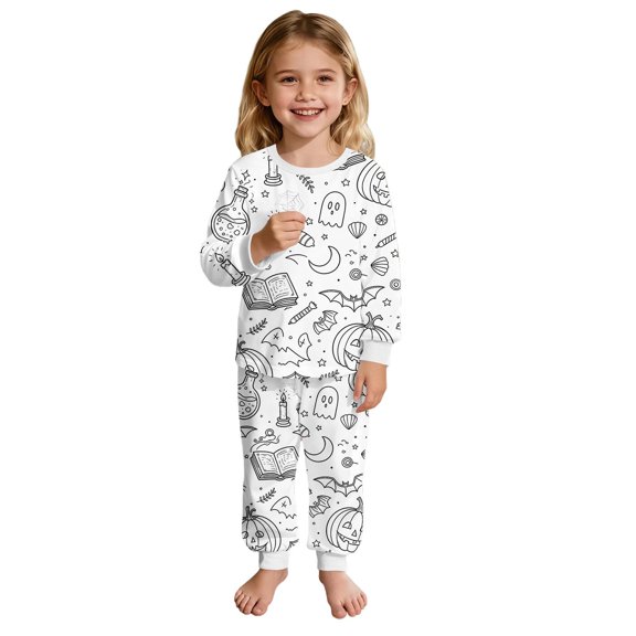 Yuncity Girls Pajamas Halloween Diy Winter Crew Neck Long Sleeve Sleepwear Casual Pjs Cozy Comfortable Loungewear Nightwear Size 2-3 Years White