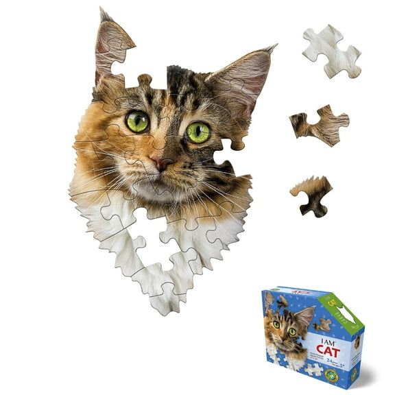 Madd Capp: I Am Cat - 24 Piece Puzzle - Kids Animal Head-Shaped Jigsaw, 12x18" Size, Oversized Pieces, Poster Reference, Educational Fun Fact Booklet