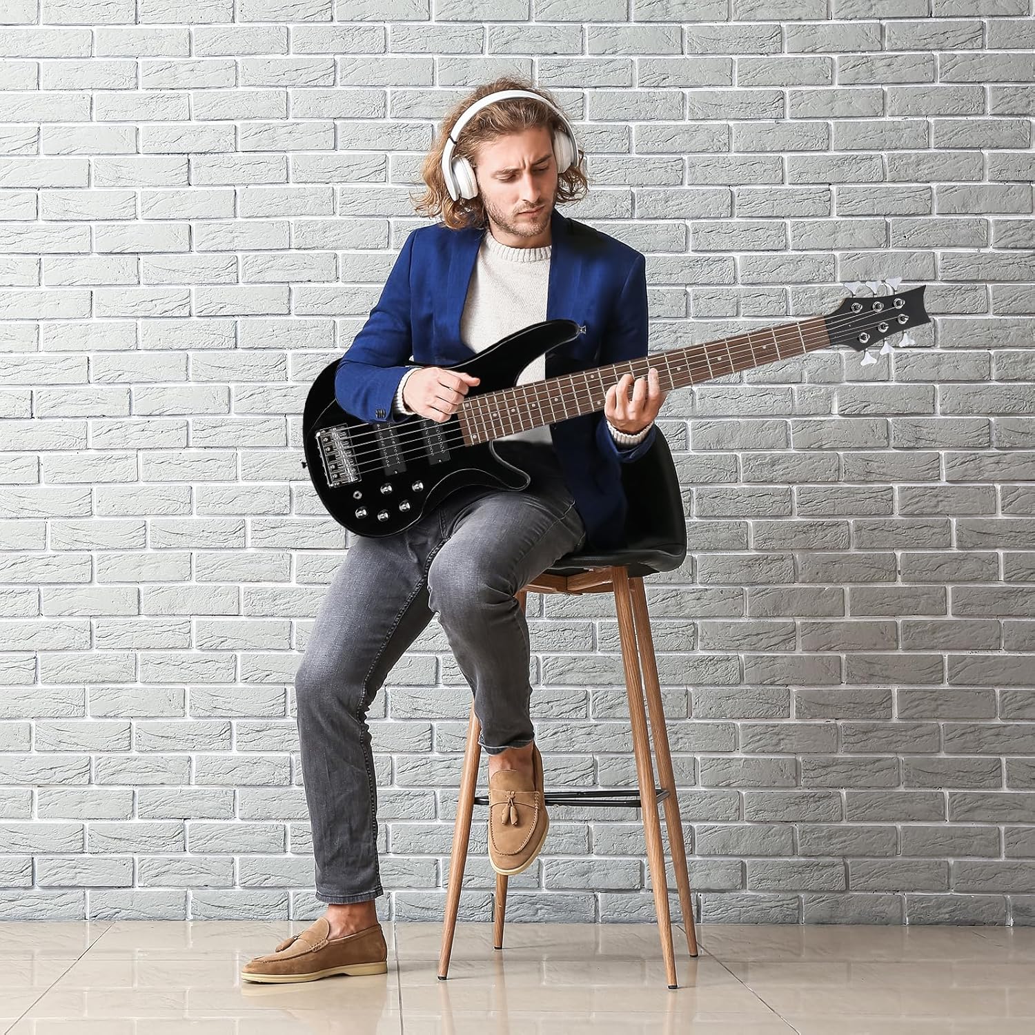 HarmonyStrings Bass Guitar 6 String Electric Bass Guitars, Beginner Bass Guitar with Professional H-H pickup, 3 Way Pickup Selector, Premium Cable, Unique Body Design for Beginner Black Upgraded