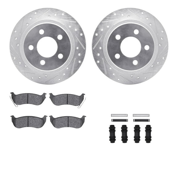 Dynamic Friction Company Rear Brake Rotors-Drilled and Slotted-Silver with 5000 Advanced Brake Pads includes Hardware 7512-42023