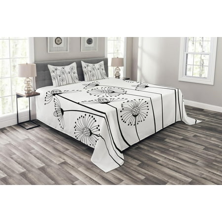 Black And White Bed Spreads Black and White Bedspread Set, Meadow Flowers with Stylized Abstract Dandelions in Countryside Artwork, Decorative Quilted Coverlet Set with Pillow Shams Included, Black White, by Ambesonne ()