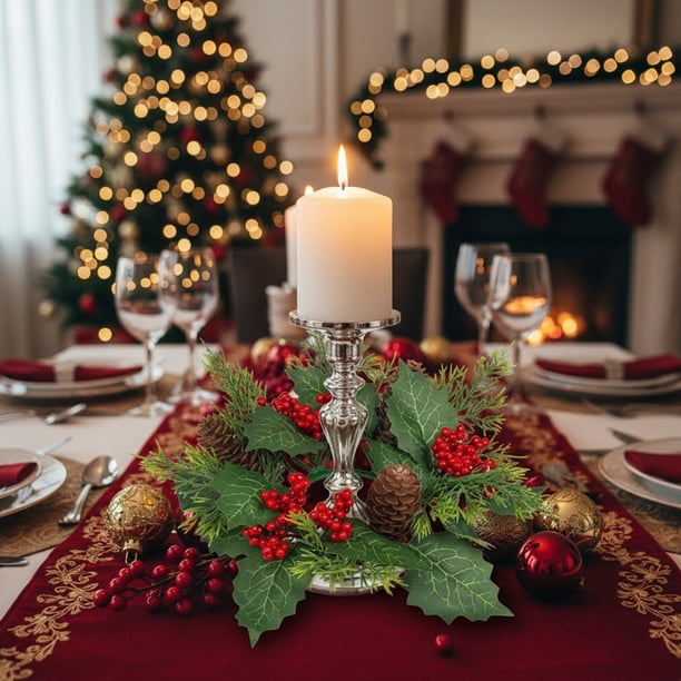 Christmas Candlestick Wreath with Golden Berries Pine Cones Greenery for Holiday Table Centerpiece Fireplace Mantel Decor Winter Seasonal Home Decoration