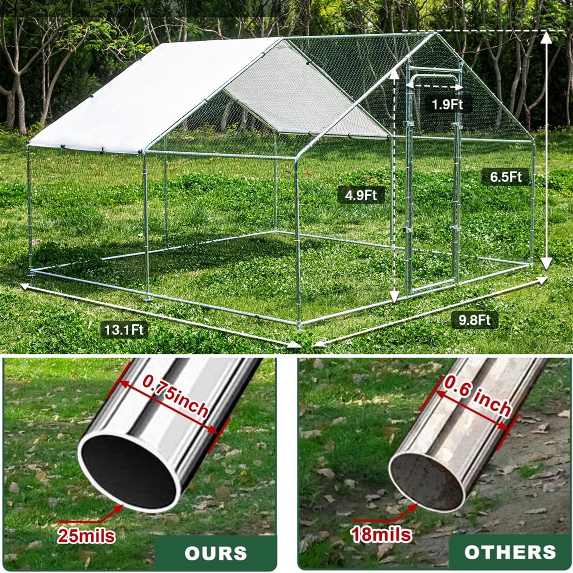 Aukfa Chicken Coop, 13.1 ft Large Chicken Run Cage Outdoor, Heavy Duty Spire Shaped Metal Frame