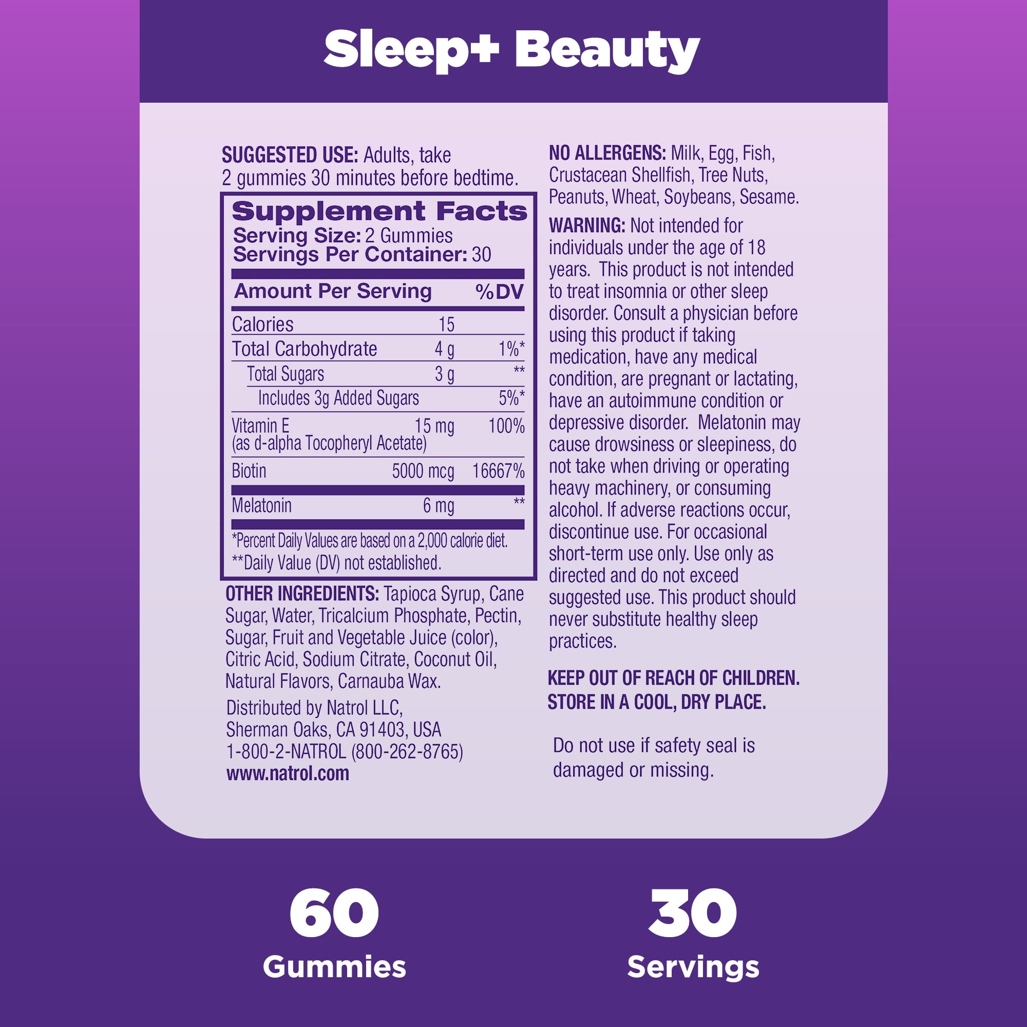 Natrol®  Sleep+™ Beauty, Drug Free Sleep Aid Supplement, For Skin, Hair, Nails, Biotin, Vitamin E, 60 Raspberry Flavored Gummies
