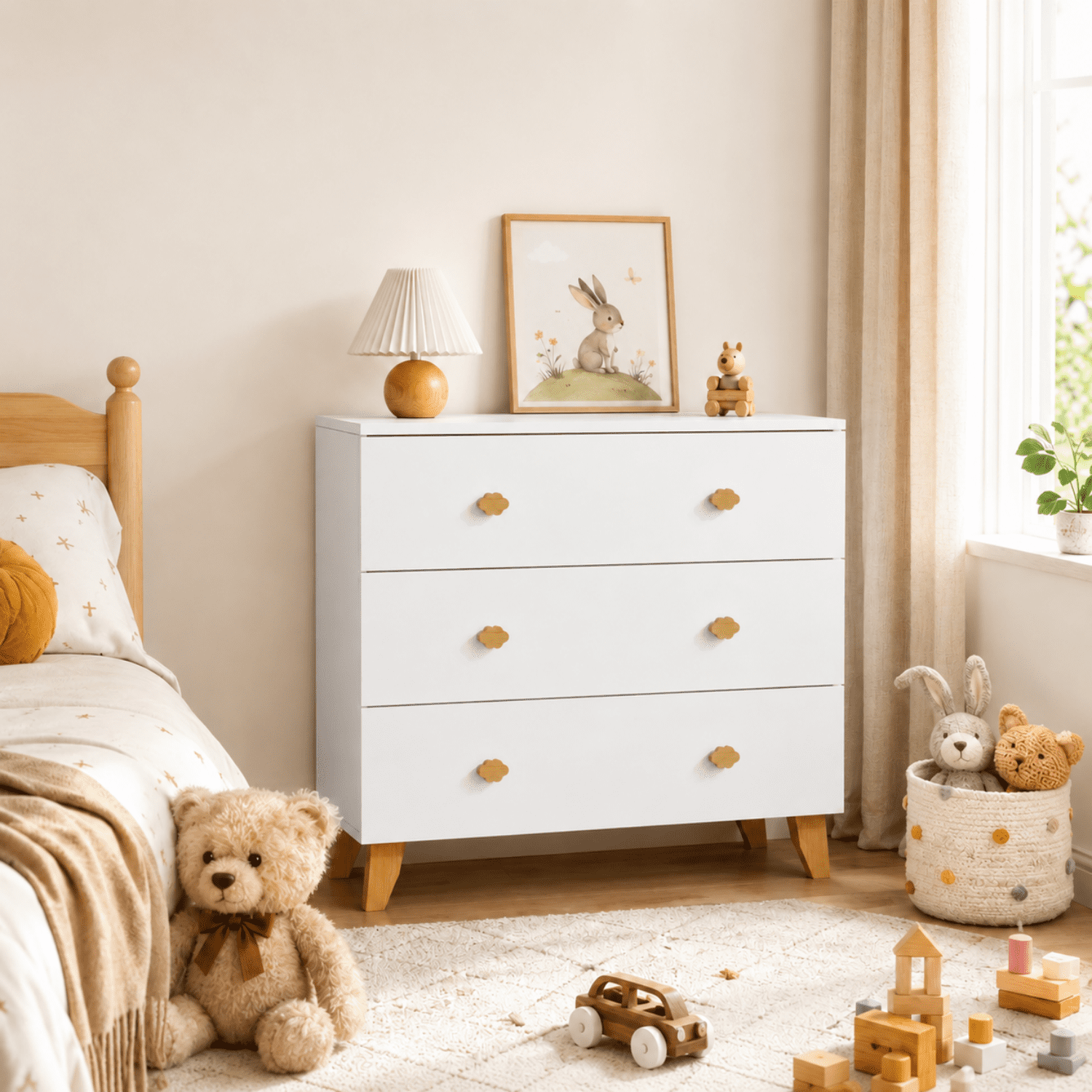 Miniyam 3-Drawer Dresser, Storage Chest with Cloud-Shaped Pine Handles for Bedroom, Nursery and Kids Room, Soft White