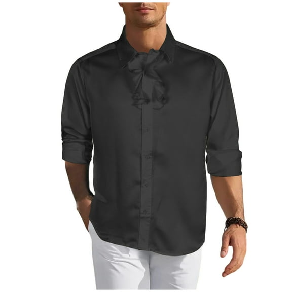 GigrtiJin 3/4 Sleeve Shirt for Men Solid Color Lapel Button Down Ruffle Blouse Trendy Vintage Trendy Tops
