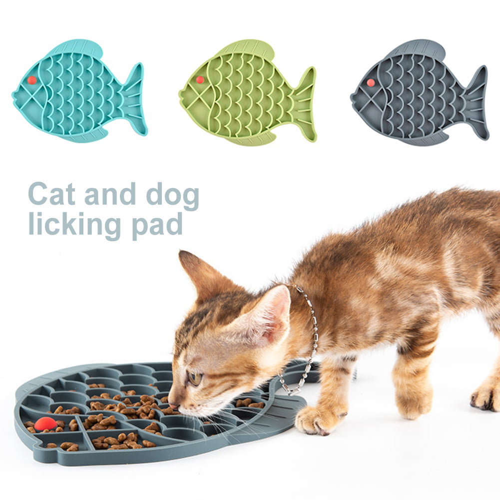 Gray Fish Shaped Lick Mat Silicone Pet Dispensing Treater Kitten Bowl Fun Interactive Feeder Bowl for Anxiety Relief and Fast Eaters Cat Slow Feeder Puzzle Feeder