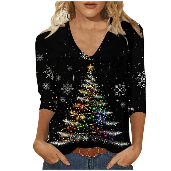 Joau Women's Ugly Christmas Shirts Glitter Christmas Tree Print 3/4 Length Sleeve V Neck Tunic Tops Holiday Xmas Shirts Graphic Tees Blouse
