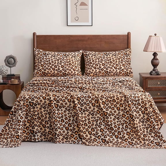King Size Flannel Sheet Set 4pc Brown Leopard Deep Pocket Cotton Bedsheets