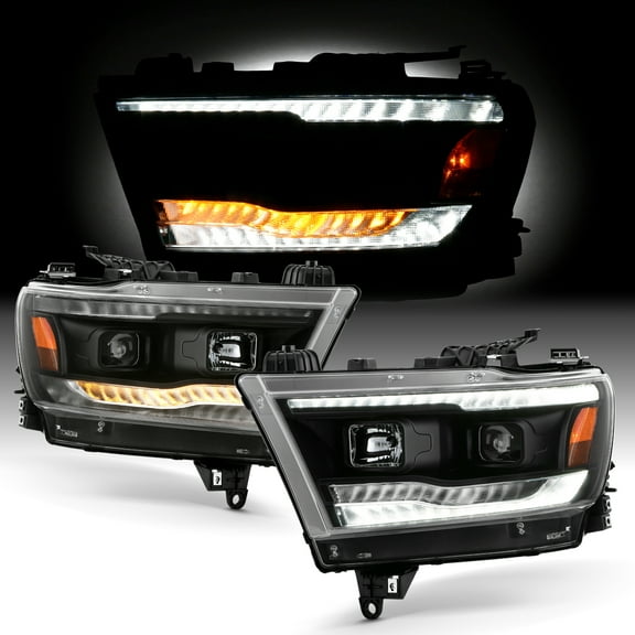 AKKON - Fits 2019-2022 RAM 1500 [Halogen Type] Projector Black Headlight w/ LED Running Lamp   Sequential Signal Pair Left Right