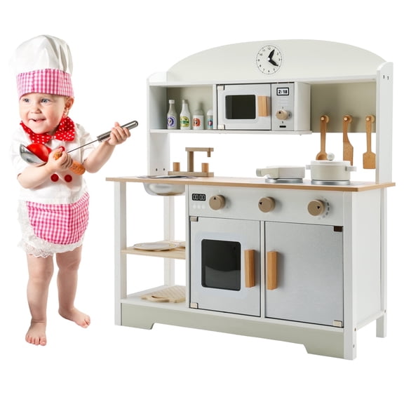 Kids Play Kitchen Set Toy, Wooden Pretend Chef Cooking Play Set with Microwave, Pan, Sink, Cookware Accessories Kitchen Set for Toddlers, Boys, Girls, Gift for Ages 2