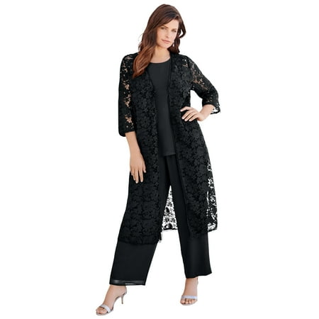 Roaman's Women's Plus Size Plus Size 3-Piece Allover Lace Duster Pant Set – Formal Wear