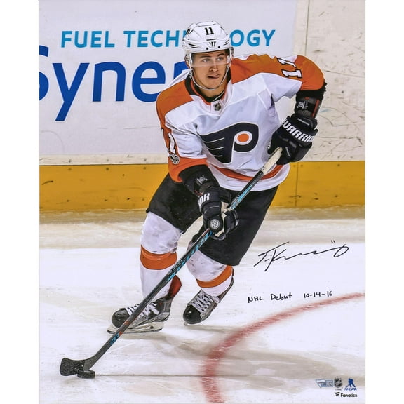 Travis Konecny Philadelphia Flyers Autographed 16" x 20" White Jersey Skating Photograph with "NHL Debut 10-14-16" Inscription - Fanatics Authentic Certified