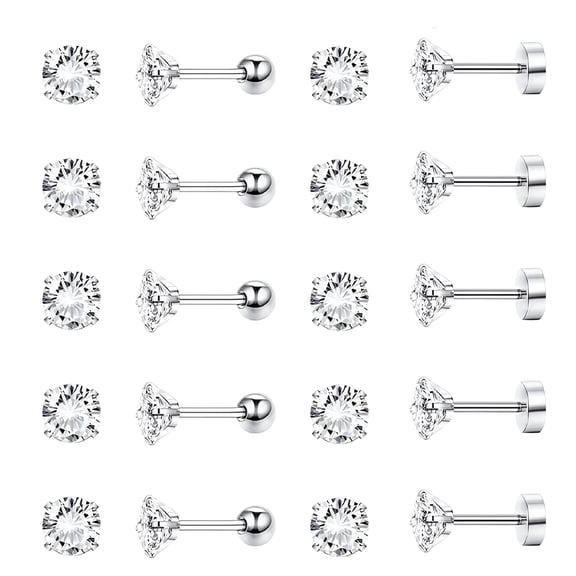DESIGNICE 10 Pairs 316L Stainless Steel Earrings Round Cubic Zirconia Stud Earring Screw Flat Back Ear Stud Set for Women Men, Silver, 5Mm